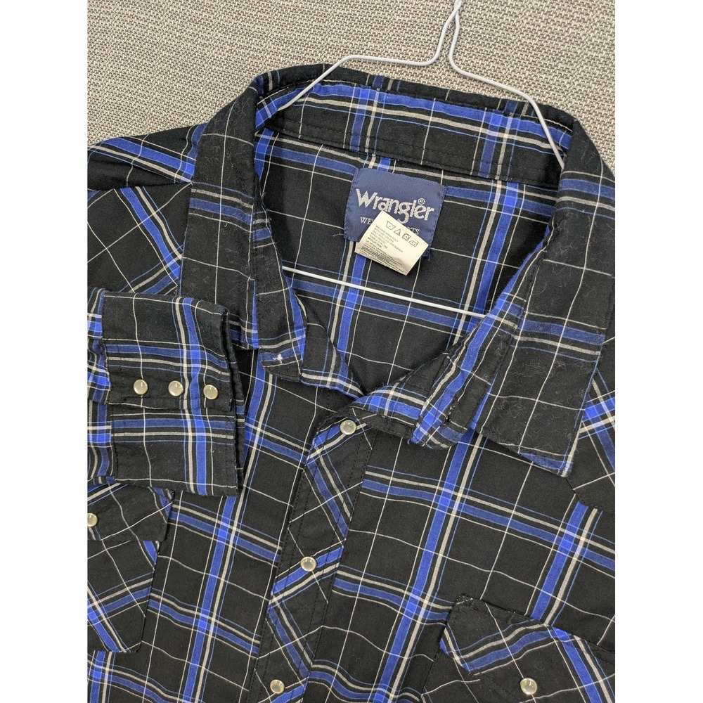 Wrangler Western Shirt Mens Big 4X Black Blue Plaid Pearl Snap Long Sleeve